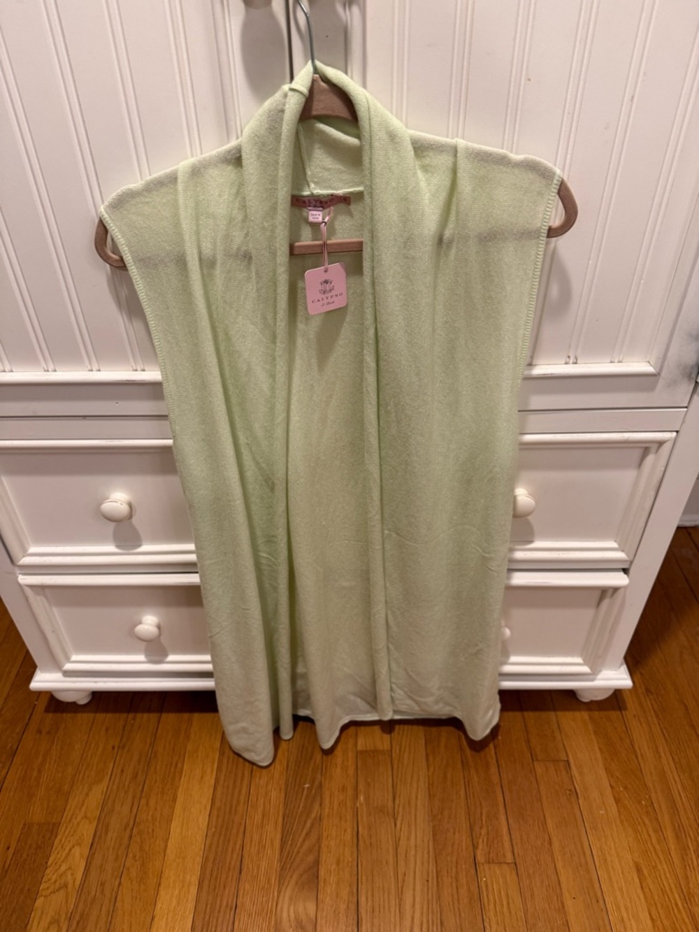 Calypso St. Barth Light Green Open-Front Sleeveless Sweater Cashmere Vest